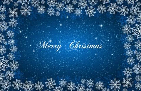 Blue New Year background with white snowflakes and inscription Merry Christma Stock Illustration
