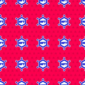 Blue NFT blockchain technology icon isolated seamless pattern on red background Stock Illustration