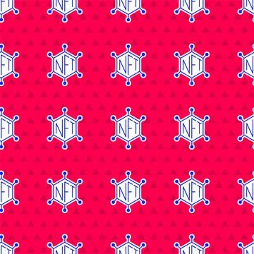 Blue NFT blockchain technology icon isolated seamless pattern on red background Stock Illustration