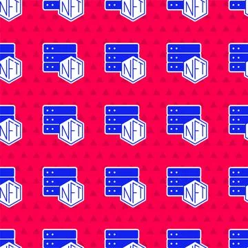 Blue NFT blockchain technology icon isolated seamless pattern on red backgr.. 스톡 일러스트