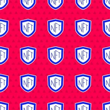 Blue NFT shield icon isolated seamless pattern on red background. Non fungible Illustrazione stock
