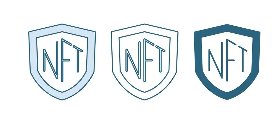 Blue NFT shield icon isolated on white background. Non fungible token. Digi.. Stock Illustration