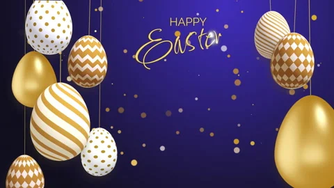 Blue night background with golden Easter eggs on strings swaying in wind. Video stock 234005192