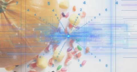 Blue node appearing over halved bell pepper with beans radiating numeric lines Stock Footage 317772489