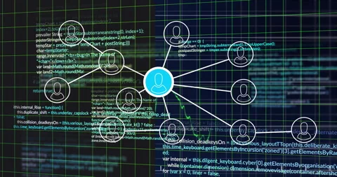 Blue node appearing triggers circles forming grid with code scrolling behind Video stock 312639297