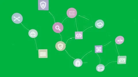 Blue node appearing UI icons assembling and lines branching showing network on Vidéo 334727108