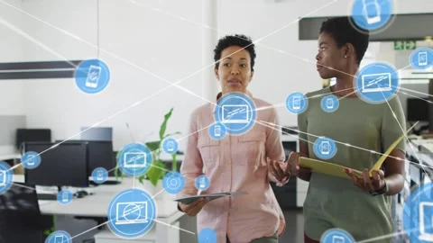 Blue node arising near duo sparking nodes linking icons while walking reading 動画素材 333221137