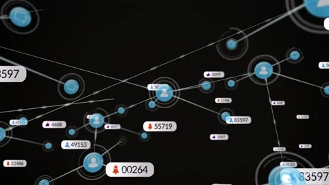 Blue node pulsing, camera zooming out causing nodes, badges, links updating, Video stock 328485492
