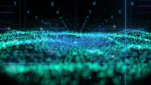 Blue node pulsing, teal particle field rising into waves, digits rising, showing Video stock 332289345