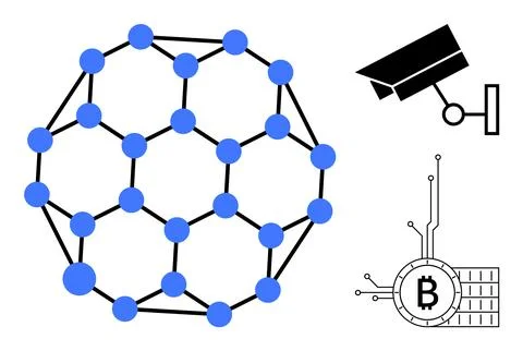 Blue nodes and black lines form a connected web. Further to the right, a secu Illustrazione stock