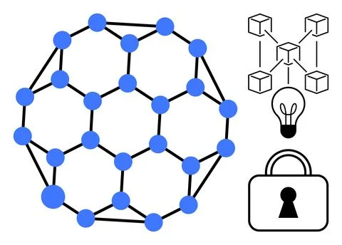 Blue nodes connected in spherical network, decentralized cubes, lightbulb rep Stock Illustration