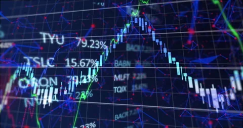 Blue nodes drifting across grid starting candlestick climbing, line weaving, Stock Footage 310324834