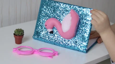 Blue notebook with glitter and soft toy pink flamindo on desk Stock-Footage 231978400