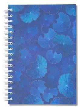 Blue notebook with lotus leaves pattern on cover isolated on white background Stock Photos