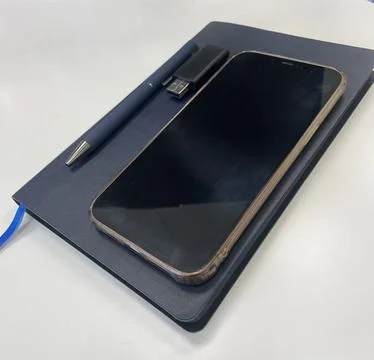 A blue notebook, a pen, a USB flash card, and a smartphone Foto stock