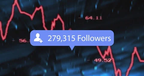 Blue notification bubble floating over jagged red graph showing 295,653 follower Video stock 307451112