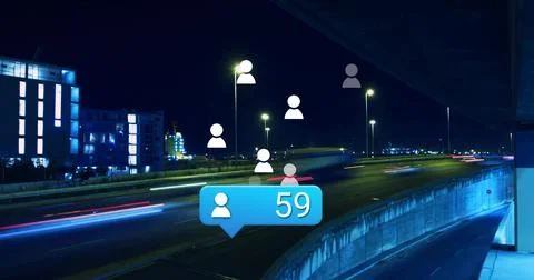 Blue notification bubble showing 59 floating over city road at night, with Stock Photos