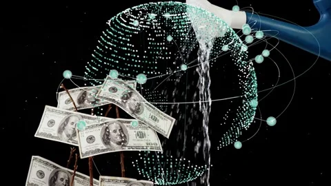 Blue nozzle entering top-right, pouring water at money tree, activating globe Stock Footage 337913042