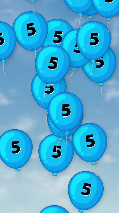 Blue Number Five Balloons Floating Upward Against a Cloudy Sky Stock Footage 345037864