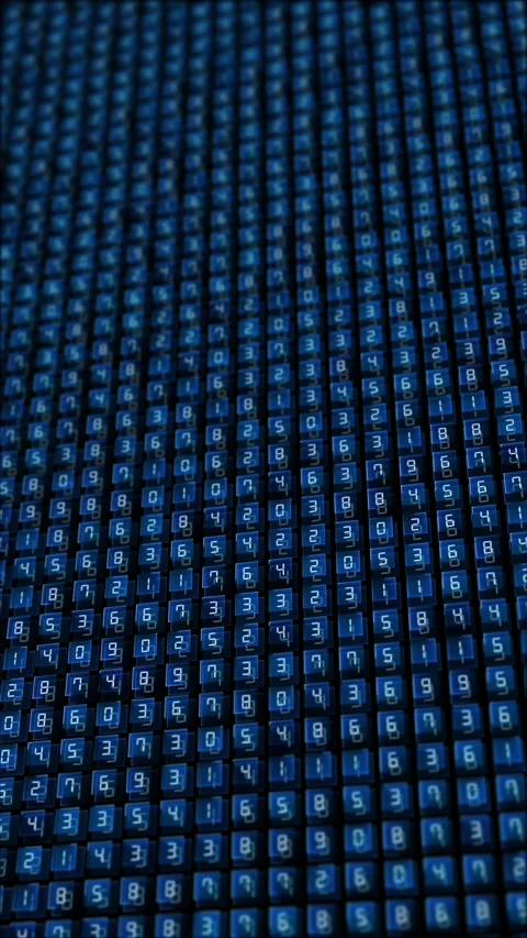 Blue numeric matrix tile glowing number blocks, dark perspective grid, futuristi Stock Footage 340564011
