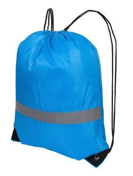 Blue nylon drawstring bag with reflective tape, isolated over white Foto stock
