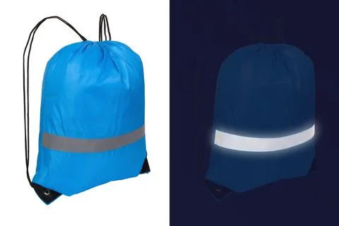 Blue nylon drawstring bag with reflective tape Stock Photos