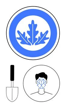 Blue Oak Leaf Emblem, Trowel, and Face Recognition Graphic in Minimal Style Stock Illustration