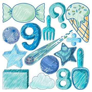 Blue objects in Pencil Colour Sketch Simple Style Stock Illustration