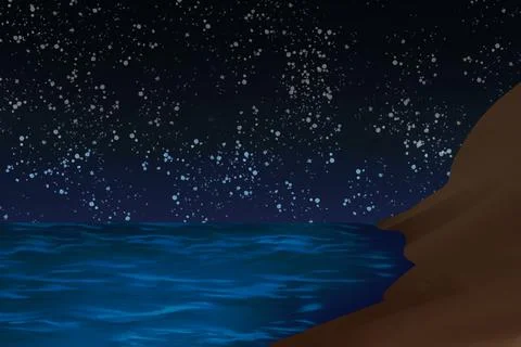 Blue Ocean Bay Beneath Starry Night Sky Illustration Stock Illustration