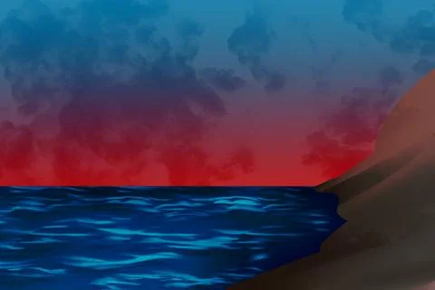 Blue Ocean Bay During Dramatic Red Twilight Illustration Illustrazione stock