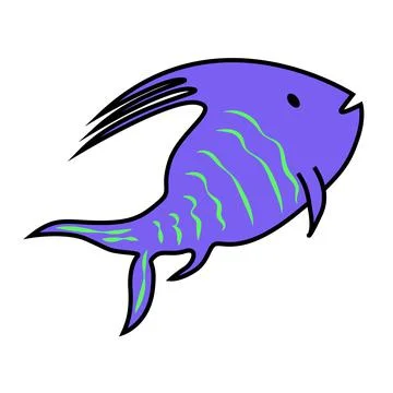 Blue ocean fish with a long upper fin. Green stripes. Isolated on white. Stock Illustration