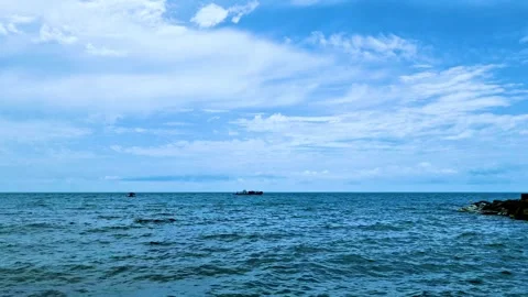 Blue Ocean Waves Azure Blue Sky White Clouds and Ship Sailing on the Horizon on  Stock Footage 281927502