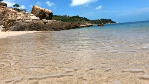 Blue Ocean Waves on Sandy Beach in Clear Sunny Day Stock Footage 90842237