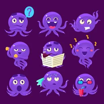 Blue Octopus Emoji Vector Set Stock Illustration