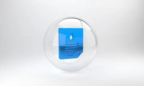 Blue Oil drop document icon isolated on grey background. Glass circle button. Stock Illustration