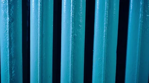 Blue old heating radiator close-up, smooth camera movement Stock Footage 241883616