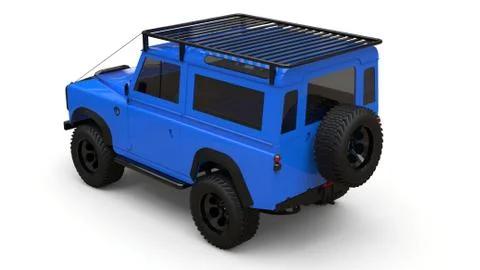 Blue old small SUV tuned for difficult routes and expeditions. 3d rendering. Illustrazione stock
