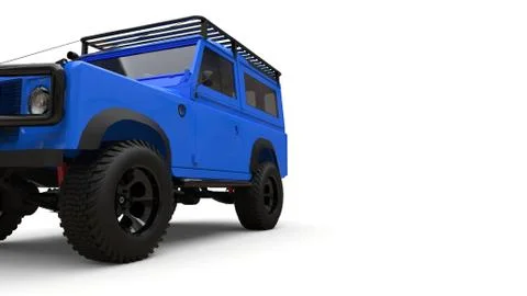 Blue old small SUV tuned for difficult routes and expeditions. 3d rendering. Illustrazione stock