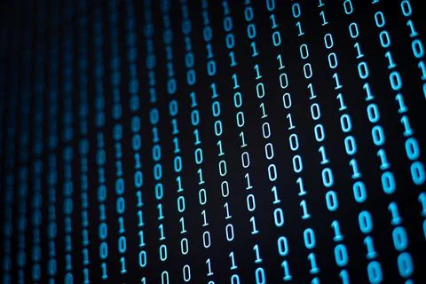 Blue ones and zeros in rows on computer screen 库存照片