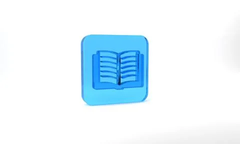 Blue Open book icon isolated on grey background. Glass square button. 3d Stockillustratie