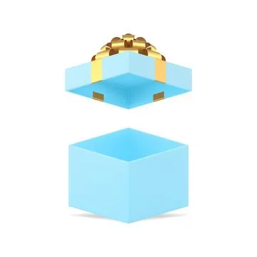 Blue open gift box with golden luxury bow ribbon festive package 3d icon real Stock Illustration