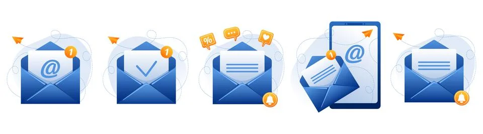 Blue open mail envelopes with email sign, new message, letter, check mark. Sendi Stock Illustration
