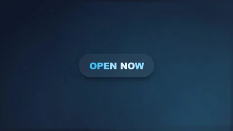 Blue open now button with glowing text on a dark background Stock Footage 346506809