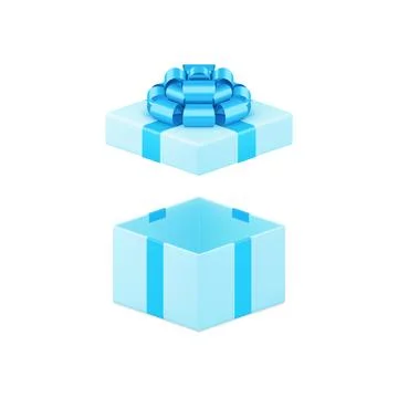 Blue open squared empty gift box with premium bow ribbon festive present 3d.. Stock Illustration