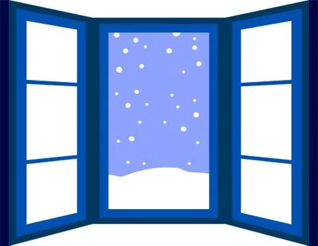 Blue Open window frame with falling snow Stock Illustration