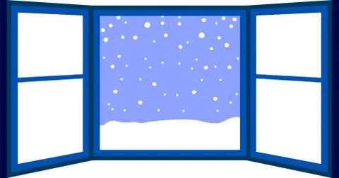 Blue Open window frame with falling snow Ilustración de archivo