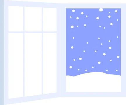 Blue Open window frame with falling snow Stock Illustration