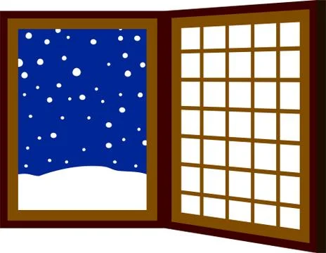 Blue Open window frame with falling snow Stock Illustration