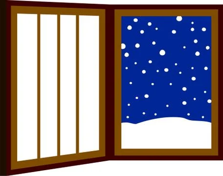 Blue Open window frame with falling snow Stock Illustration