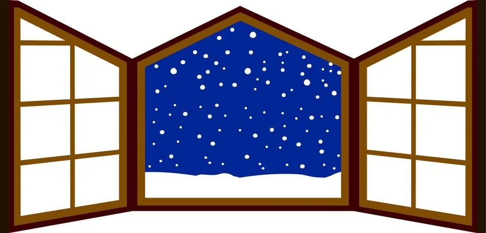 Blue Open window frame with falling snow Ilustración de archivo